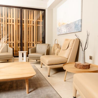 A modern living room with a light gray rug, wooden furniture, and a sense of tranquility.