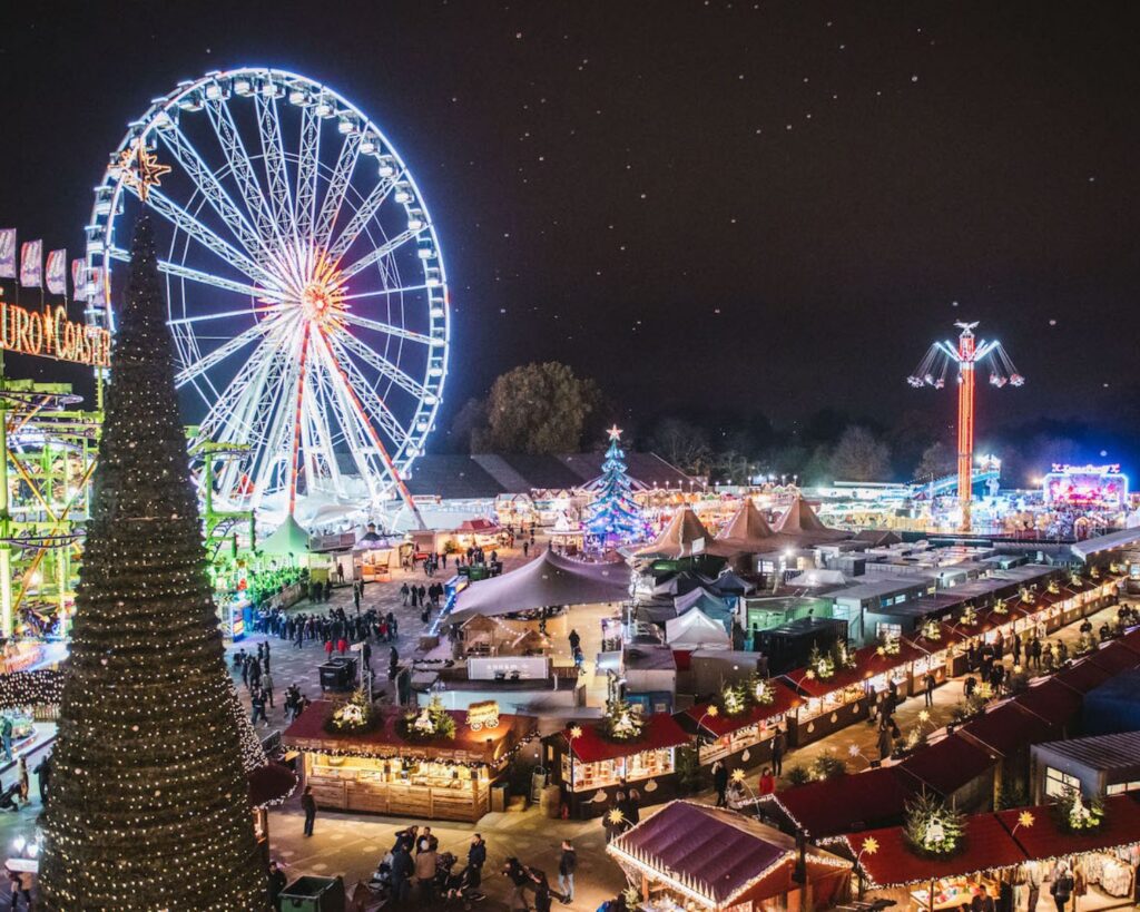 Winter Wonderland in Hyde Park London illuminated during the festive season near The Prince Akatoki London.